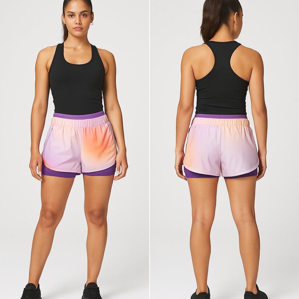 SWEATY BETTY Ombre Running Shorts Size M Gradient Sunset Color Built-In Liner